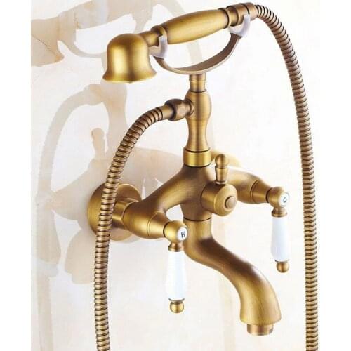 Wall Mount Retro Antique Brass Bathroom Tub Faucet Set with 150CM Handheld Shower Spray Head Bath Mixer Tap 2tf315