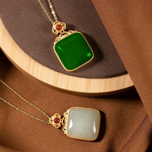 Natural Hetian Jade Retro Pendant Necklace 925 Silver Fashion Jewelry Chalcedony Amulet Gifts for Women
