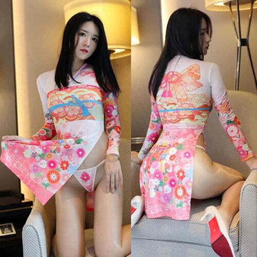 New Sexy Lingerie Japanese Long-Sleeved Pink Print Style Kimono Uniform Temptation High Fork Dress