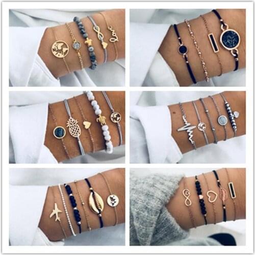 Wholesale Multi Styles Bohemian Bracelet Set For women Shell Star Map Lotus Pineapple Heart Crystal Charm Bangle Boho Jewelry