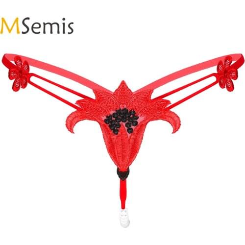 Women Embroidered Flower Panties Sexy Low Waist T-back Exotic Fashion Underpant Artificial Pearl Massage Thongs Briefs Underwear