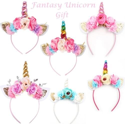 2019 Halloween Women Kids Party Gold/Silver Unicorn Horn Headband Flower Horn Girls Headwear Birthday Hairband Hair Accessories