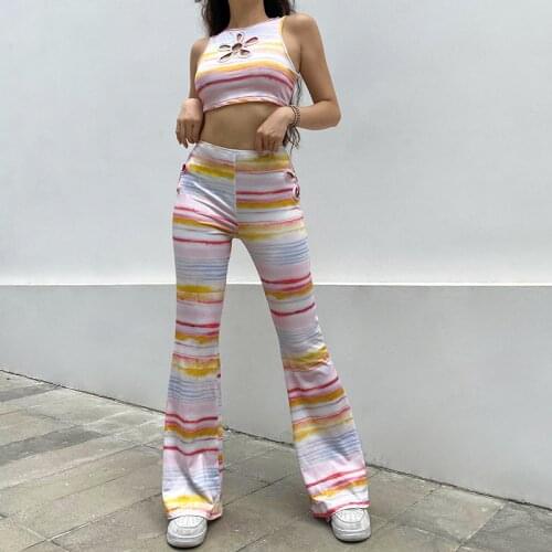Striped Hollow Out Pant Set Sleeveless O Neck Vest Elastic Waist Low Waist Flare Pant 2021 Fashion Casual Vintage Women Pant Set