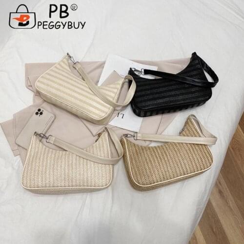 Women Summer Vacation Pure Color Shoulder Underarm Purse Fashion Woven Straw Hobos Handbags Portable Street Travel Small Bag