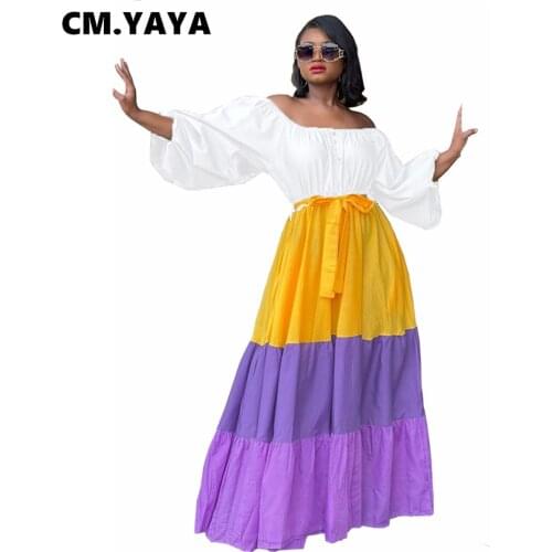 CM.YAYA Women Dress Full Puff Sleeve Off Shoulder Button Bandage Sashes Loose Maxi Long A-line Dresses Fashion Outfit Autumn