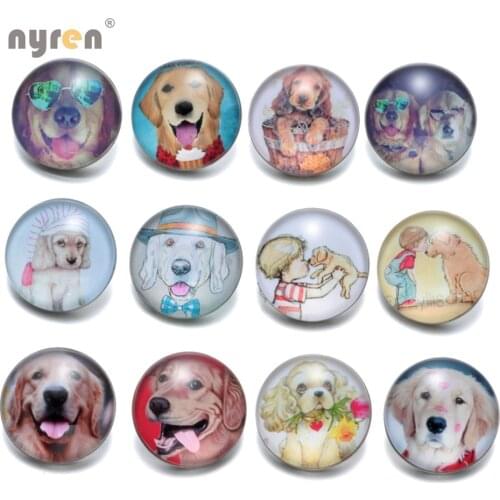 12pcs/lot Cute Dog Cibotium Barometz Pattern 18mm Glass Snap Button Fit Bracelet Snaps Jewelry KZ0370