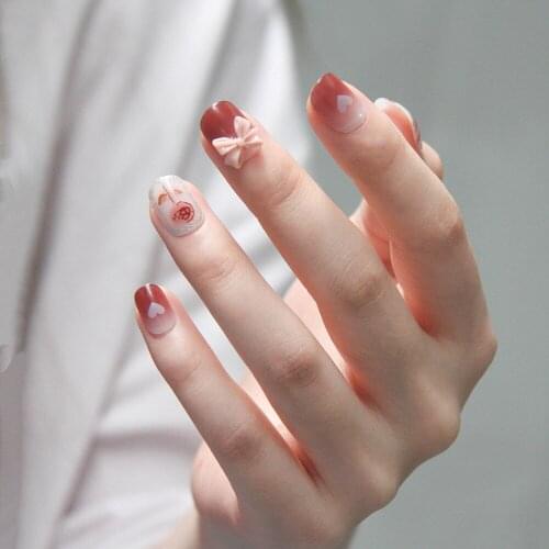 24pcs Fake Nails With Design 3D Bowknot Flower Print Glue Type Removable Short Paragraph Fashion Full Cover Artificial Manicure