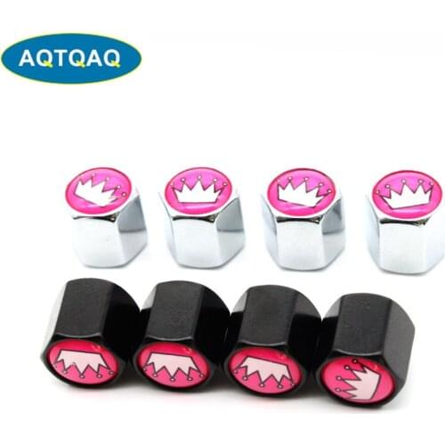 4 Pcs/Set Zinc Alloy Pink Crown Style Tire Valve Stem Cap Tire Wheel Stem Air Valve Caps for Auto Cars
