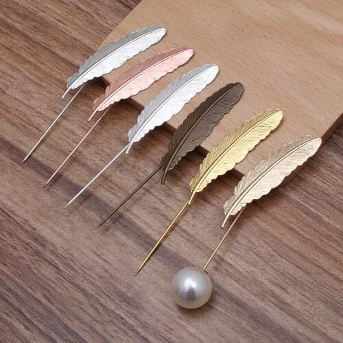 20 Pieces/Lot 75mm Copper Feather Brooch With Pearls Bead Collar Pin DIY Jewelry Accessories