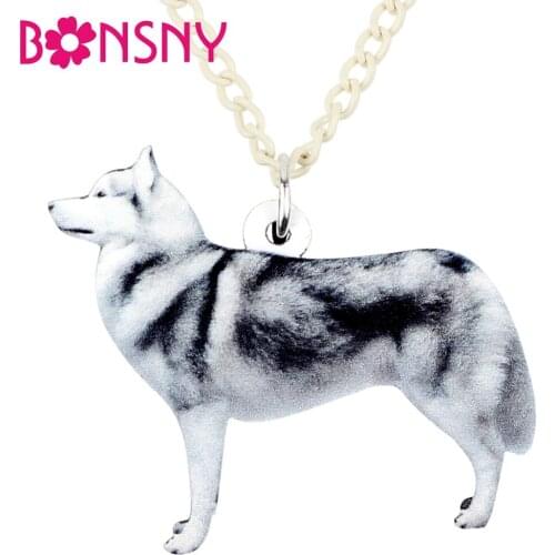 Bonsny Acrylic Standing Siberian Husky Dog Necklace Pendant Chain Choker Animal Jewelry For Women Girls Ladies Gifts Pets Lovers