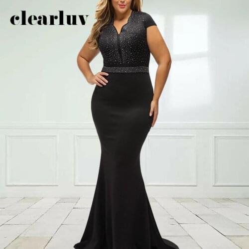 Black Evening Dresses Party Crystal Bling V-neck Mermaid Floor-length Plus size Custom Color Sex T003 Special Occasion Gowns