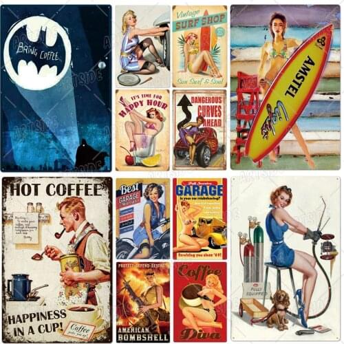 Enamel Signs Pin-up Girls Lady Plaque Metal Vintage Garage Man Cave Poster Decoration Bar Pub Cafe Living Room Wall Stickers