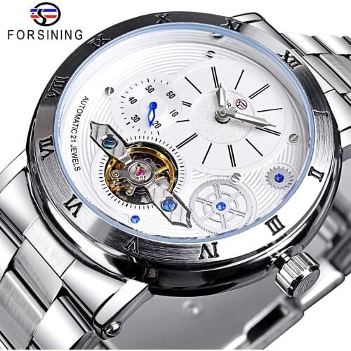 Forsining Mens Mechanical Watch Silver Skeleton Automatic Watches For Man Stainless Steel Waterproof Tourbillon Wristwatches