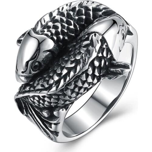Cool Men Punk Rings 316L Titanium Stainless Steel Double Fishes Cock Rings for Stylish Male Party Finger Jewelries US Size 8-12