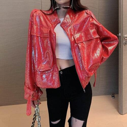 Short Patent Leather Jacket Women Korean High Street Long Sleeve Outerwear PU Biker Coat 2021 Spring Vintage Ladies Fashion Tops