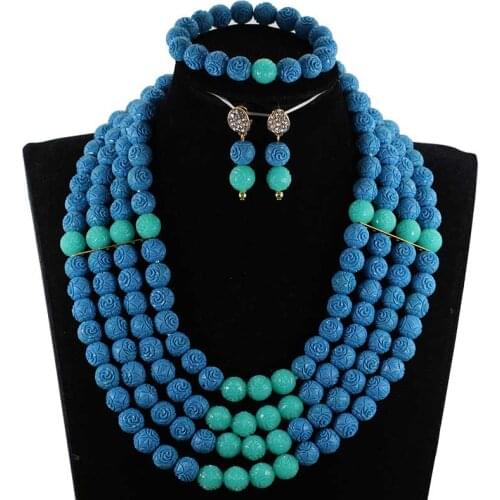 Fashion Mix Teal Blue and Aqua African Beads Jewelry Set Artificial Coral Costume Necklace Set for Women Party Gift CNR007