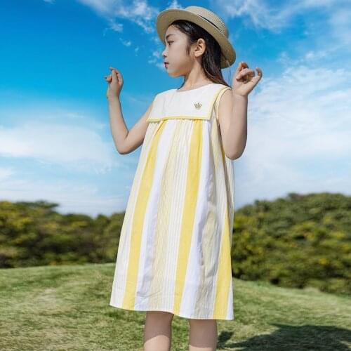 Summer New Baby Collar Sleeveless Dress Middle School Girls Striped Embroidered Dress Kids Clothes Flower Girl Dresses
