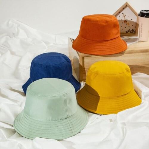 Adult Kids Summer Foldable Bucket Hat Korean Solid Color Hip Hop Wide Brim Beach UV Protection Round Top Fisherman Cap