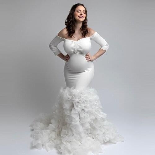 Pure White Mermaid Maternity Dresses Cap Sleeves Long Length Tulle Ruffles Pleated Long Women Pregnancy Gown