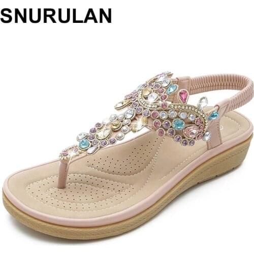 SNURULAN Roman Style Women Sandals Open Toe Crystal Toe Elastic Bohemian Shoes Flat Heel Thick Bottom Flip Flops Ladies Shoes