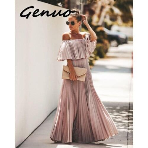 Genuo New Off Shoulder Chiffon Summer Dresses Women Ruffle Pleated Long Dress Pink Elegant Loose Holiday Beach Dress Female 2020