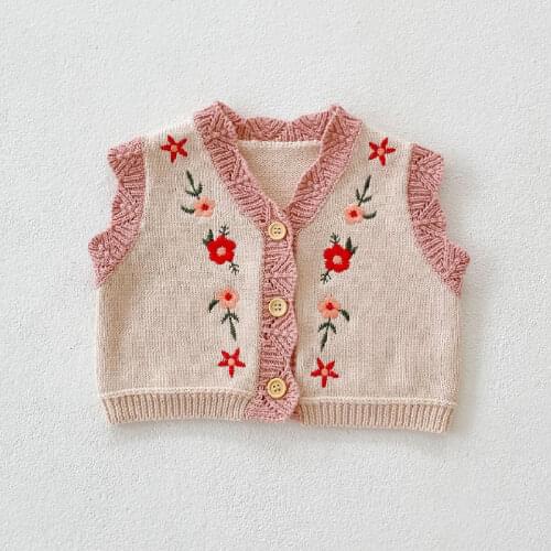 Infant Baby Girl Knitted Vest for Newborns Embroidery V-Neck Sweater Coat 2021 Autumn New Kids Clothes Girls Cotton Cardigan