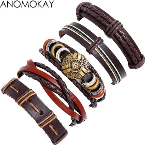 5 Pcs/Set Anomokay Handmade Braid Cow Leather Strap Punk Bracelet Casual DIY Rope Watch Strap Vintage Bracelet Pulsera Hombre