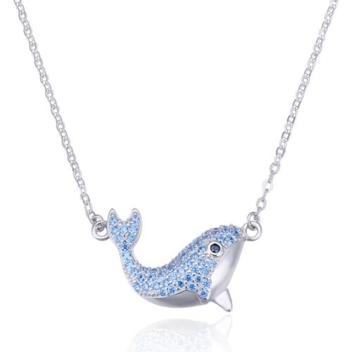 YJBX002345 New Fashion S925 Sterling Silver Jewelry Blue Dolphin Set Chain Girl Zircon Collarbone Pendant Necklace
