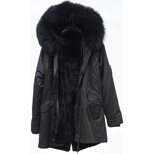 CX-G-P-07E Women Black Parka Real Rex Rabbit Lining Big Fox Fur Collar Hooded Winter Parka Coat