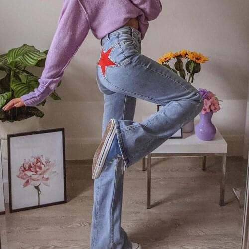 Women Fashion Casual Stylish Jeans Mid-waisted Five-pointed Star Vintage Contrast Color Cargo Loose Pants Wide legs Denimджинсы