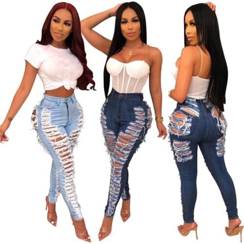 High Street Ripped Hole Jeans Womens Destroyed High Waist Distressed Slim Denim Jeans Sexy Skinny Pencil Pants Summer Pants