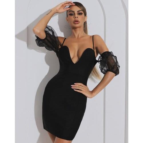 Ladies Summer Black Spaghetti Strap Slash Neck Off The Shoulder Sexy Knee Length Rayon Bandage Dress