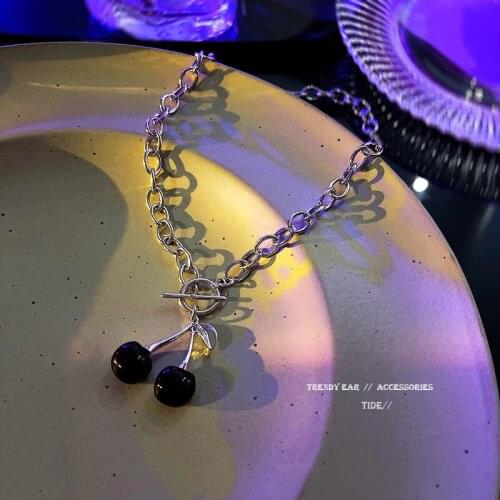 Harajuku Girl Cherry Pendant Necklace Stainless Steel Punk Locket Statement Chain Necklace Gothic Choker Jewelry Accessories