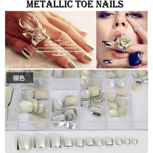 70pcs Silver Metal Toe Nail Tips Full Cover UV Gel Fasle Nails Shiny Acrylic Artificial Toe Tips Pedicure Nail Decoration