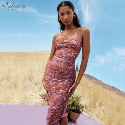 Ailigou 2021 Summer WomenS Print Sexy Tight-Fitting Draped Curb Shoulder Dress Halter Sleeveless Female Long Elegant Club Dress