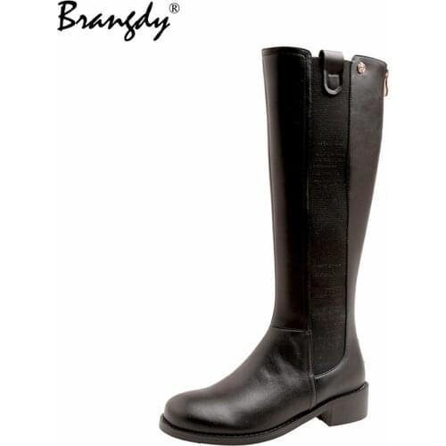Brangdy 2022 Women Knee Hight Boots Genuine Leather Square Heel Women Shoes Round Toe Zipper Women Winter Brock Boots With Fur