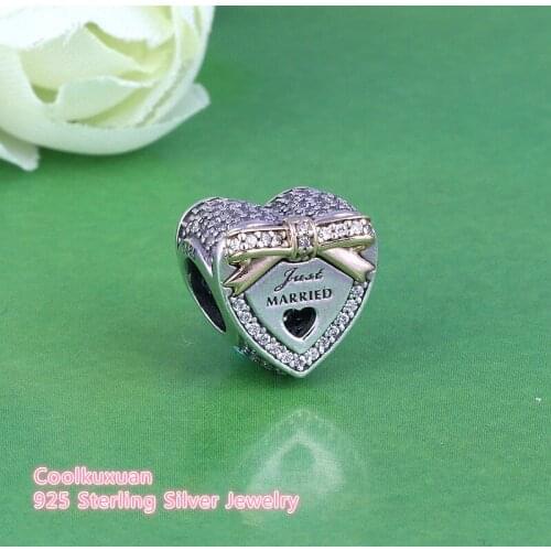 Spring Collection 925 Sterling Silver Wedding Heart, Clear CZ Charm Bead Fits Brand Bracelets Diy Jewelry Making