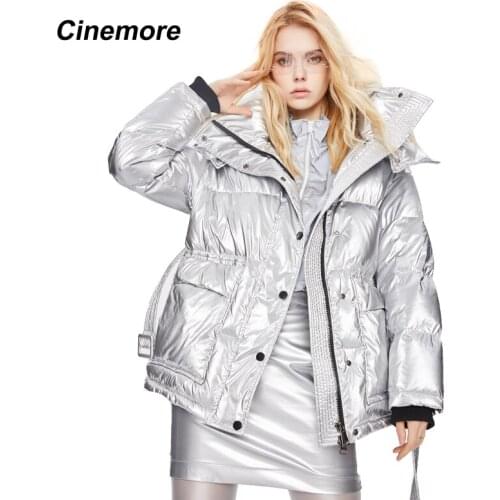 CINEMORE 2020 womens Winter jacket Thick mid-length waist white duck Down Jackets Slim belt Silver shiny parka women coat 82056