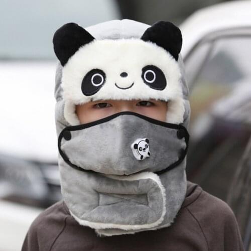 Children Winter Hat Thick Plus Velvet Earmuffs Kids Warm Cute Panda Earmuffs Fashion Street Casual Face Mask Caps