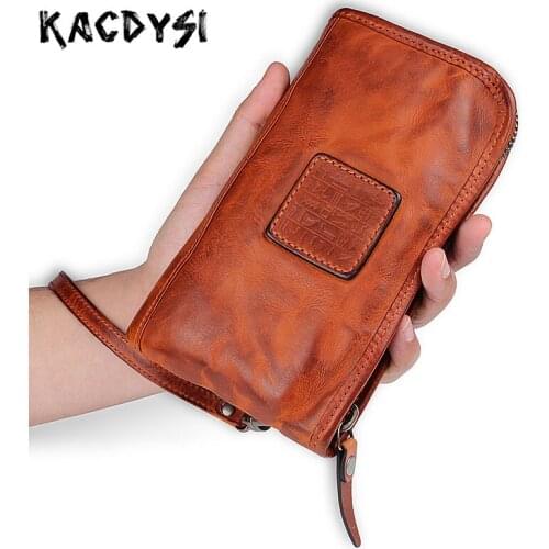 Designer Handmade Genuine Leather Long Mens Wallets Wrinkle Cowhide Vintage Cash Purse Multi-functional Male Wallet Card Holder