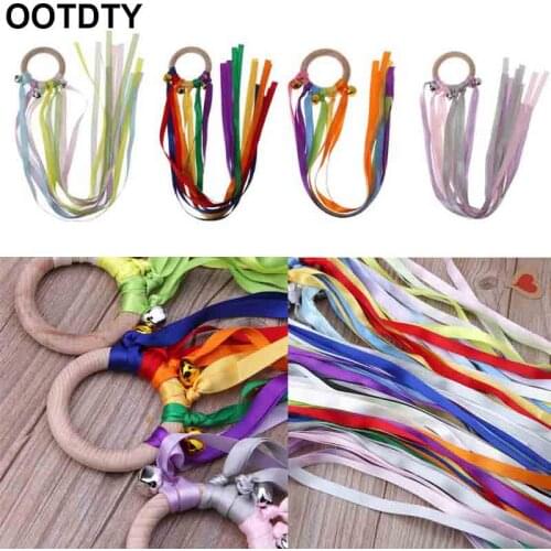 Rainbow Natural Wooden Ribbon Rattle Ring Baby Teether Newborn Montessori Style Sensory Toy Shower Gift length 48.5cm