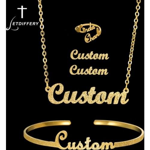 Letdiffery Custom Name Jewelry Set for Women Frosted Stainless Steel Necklace Ring Bangle Wedding Jewelry for Girlfriend Lovers