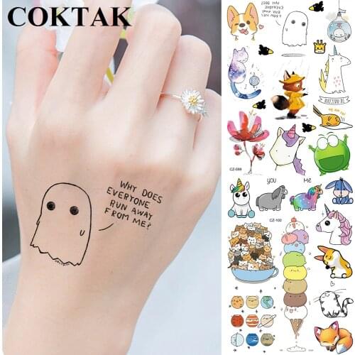 Cute Small Children Temporary Tattoos For Kids Fox Cats Ice Cream Funny Cartoon Fake Tattoos Sticker Women Unicorn Planet Star