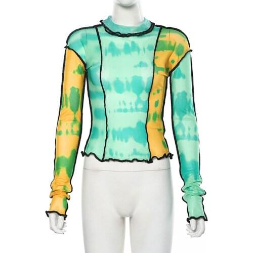 Fashion mesh Colorful print Ruffle tops womens basic T-shirts 2021 autumn hot sale Thin Slim street Casual tee shirts