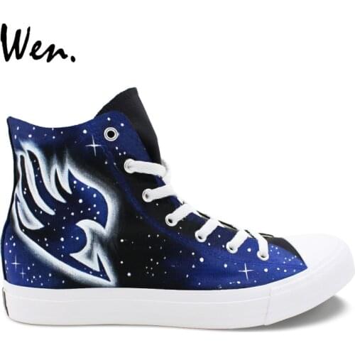Wen Anime Design Hand Painted Shoes Fairy Tail Logo Blue Galaxy High Top Men Women Sneakers Skateboarding Canvas Shoes