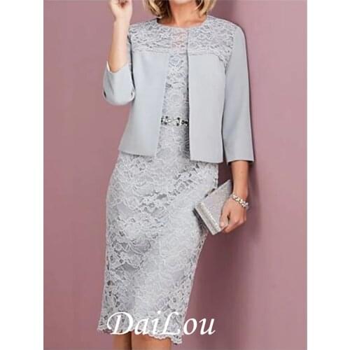 Two Piece A-Line Mother of the Bride Dress Wrap Included Jewel Neck Knee Length Lace Long Sleeve with Lace 2021
