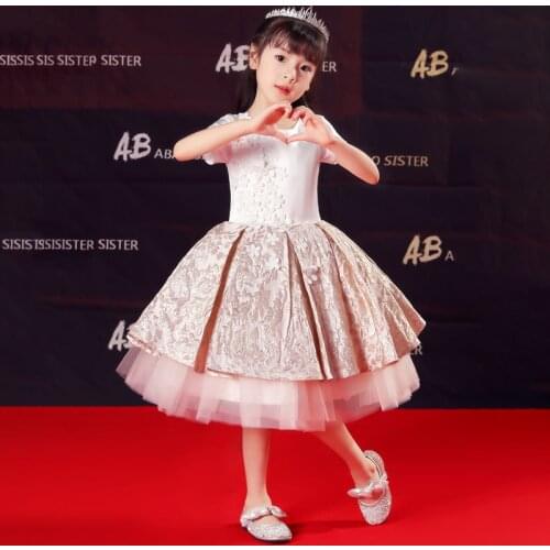 Flower Girls Dresses Princess Appliques O-Neck Short Ball Gown Tiered Knee-Length Tulle Pearls Embroidery Kids Party Dress D207