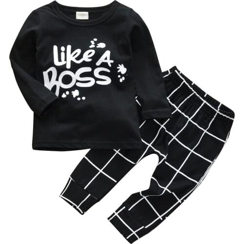 Casual Cotton Baby Clothes Set Personalized Like a Boss Letter Pullover Tops and Stylish Plaid Pants Infant Clothing