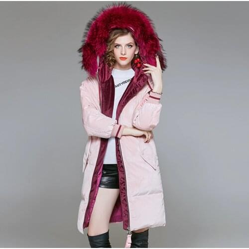 Winter fashion velvet fabric good quality big natural fur collar hooded down coat female thicker warm fluffy down parkas wq715