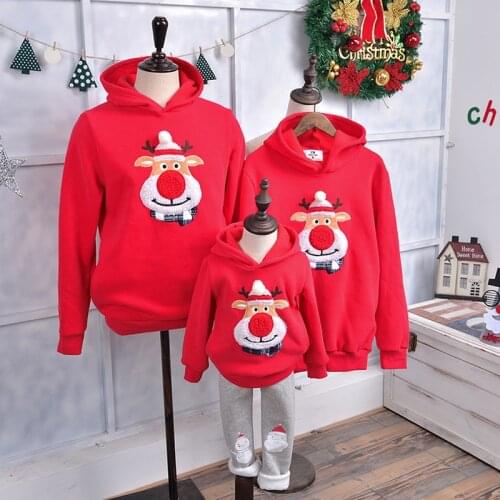 Merry Christmas Clothes Family Matching Outfits Winter Velvet Thick Warm Hooded Coat Cartoon Deer Printing Christmas Sweatshirt